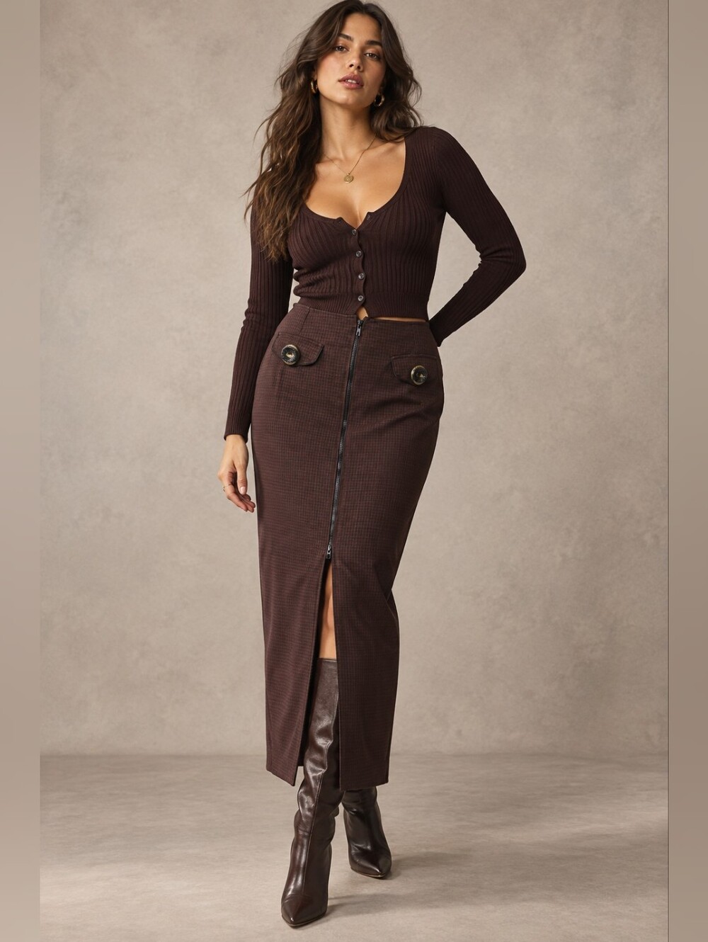 Vintage Brown Plaid Pencil Midi Skirt with Front Zipper | Statement Buttons